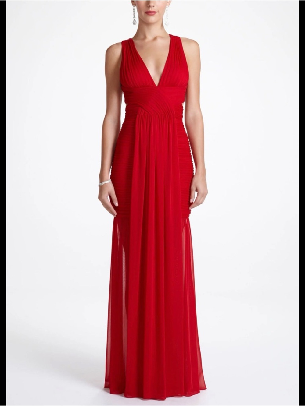 Adrianna Papell Red V-Neck Pleated Maxi Gown